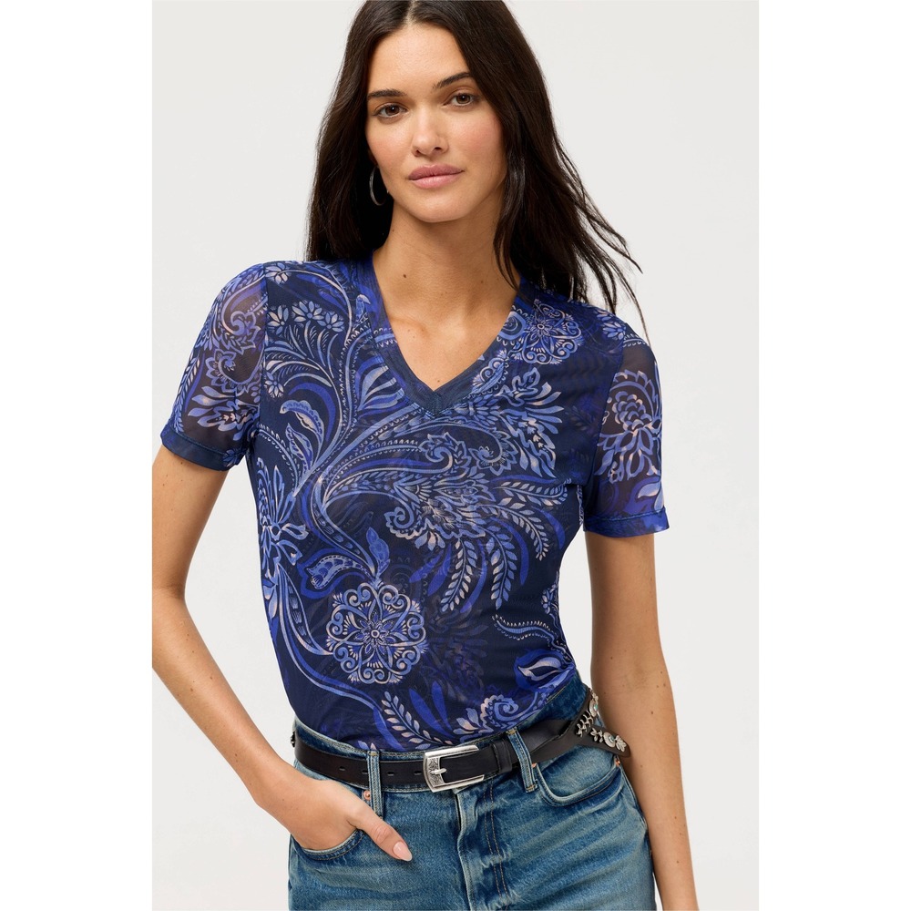 JOHNNY WAS | Mesh Tee Women M Blue Paisley Floral V-Neck Short Sleeve Boho Top